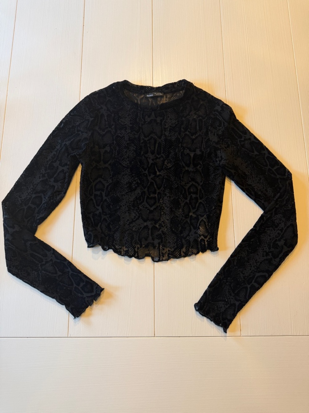 Bershka Black Sheer Snake-Print Long Sleeve Crop Top Size S